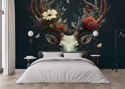 image of a Christmas deer with flower ornaments and a bird on its head generativ with AI technology
 Wall mural