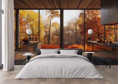 Kitchen interior in luxury minimalist style with autumn forest theme, version 2 Wall mural