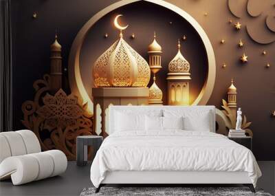 luxury Ramadan kareem islamic mosque with moon, Eid mubarak greeting paper art style background.generative ai Wall mural