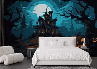 Vector haunted house over the moon and pumpkins, in the style of 2d game art. Wall mural