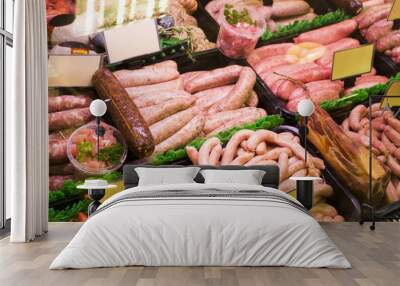 Meat and sausages in a butcher shop Wall mural