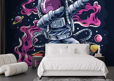 astronaut dabbing style on a space rocket with the stars and planets Wall mural