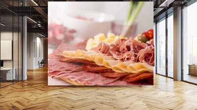 Tray with bacon, cheese cubes, salami, ham; with spring onions in the background Wall mural