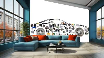 Passenger car assembled from new spare auto parts for shop aftermarket. Isolated on white background. Wall mural