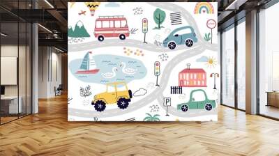 Seamless pattern with hand-drawn cars, signs, dots, roads. Cartoon, cute print background, kids, paper, print. modern illustration in the style of trending art Wall mural