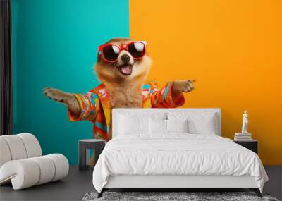 Happy pet with sunglasses and colorful fashion outfit dancing on dual colour background with copy space. Fun night party animal creative concept. Generative AI. Wall mural