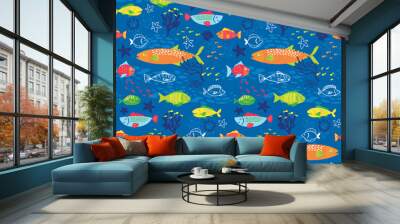 Look at all the pretty little fishes swimming in the ocean. This colorful, vector pattern repeats seamlessly. Wall mural