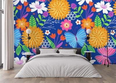 Sweet seamless floral and butterfly pattern in a bright, trendy color scheme. A modern twist on a folksy, retro floral print. Wall mural