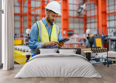 Professional Asian industrial engineer inspecting a heavy machine in metal sheet manufacturing factory. Wall mural