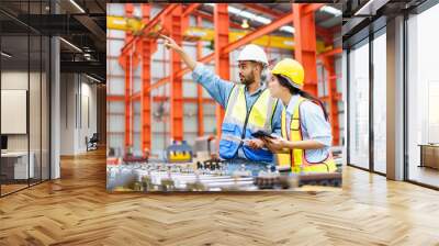 Professional Asian industrial engineer inspecting a heavy machine in metal sheet manufacturing factory. Wall mural