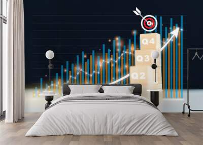 Stacked wood blocks showing a number of quarter Q1, Q2, Q3, and Q4 and beautiful virtual - holographic business graph. Wall mural