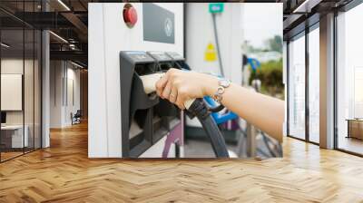 Unrecognizable Asian woman holding a DC - CCS type 2 EV charging connector at EV charging station. Wall mural