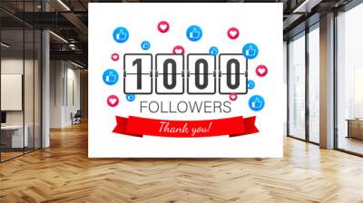  thanks design template for network friends and followers. Thank you 1000 followers card. Image for Social Networks. Wall mural