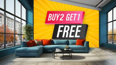 Buy 2 Get 1 Free, sale tag, banner design template. Vector stock illustration. Wall mural