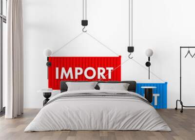 Port crane lift two red cargo containers with import and export words. Vector stock illustration. Wall mural