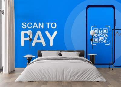 Scan to pay. Smartphone to scan QR code on paper for detail, technology and business concept. Vector illustration. Wall mural