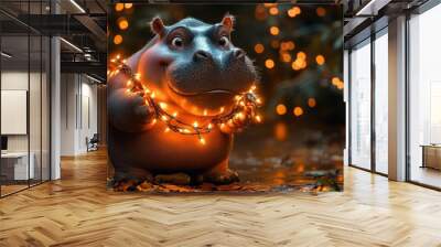 The eager hippo stands with a beaming smile, clutching vibrant, twinkling lights that promise to illuminate its cozy home this holiday season. Wall mural