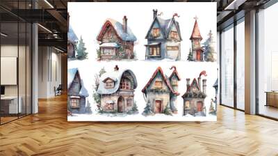 watercolor Cozy Christmas House clipart for graphic resources Wall mural