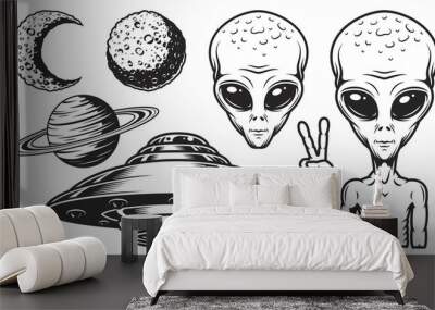 Aliens and ufo set Wall mural