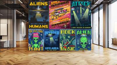 Aliens set vintage colorful posters Wall mural