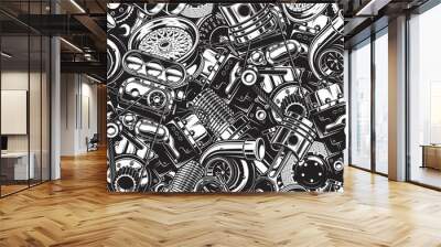 Automobile car parts seamless pattern with monochrome black and white elements background. Wall mural