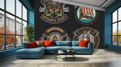 Colorful viking vintage badges Wall mural