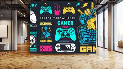 Hardcore gamer set labels colorful Wall mural