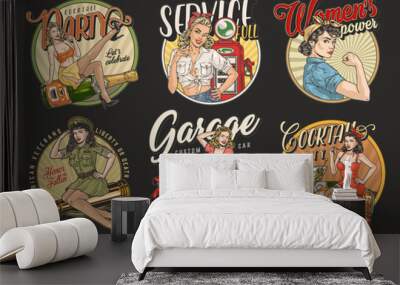 Pinup girls set posters colorful Wall mural