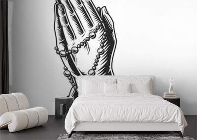 Praying hands holding rosary beads Wall mural