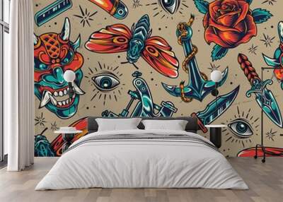 Vintage colorful tattoos seamless pattern Wall mural