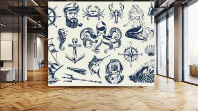 vintage monochrome nautical elements set Wall mural