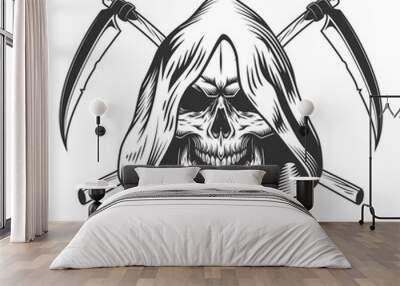 Vintage monochrome reaper skull in hood Wall mural