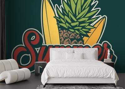 Vintage summer surfing colorful label Wall mural