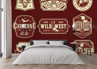 Vintage wild west monochrome emblems set Wall mural