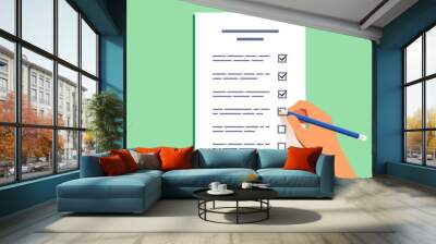 Hand With Blue Pencil Filling out a Checklist, Flat Style Vector Illustration Wall mural