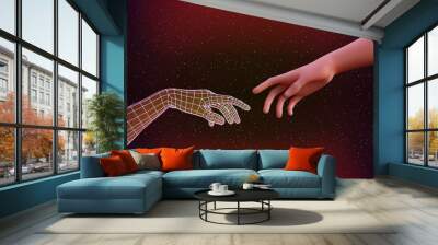 Polygonal Mesh or Wireframe Hand Reaching to Human Hand in Deep Space. AI Creation Concept With 1980s Vibe Wall mural