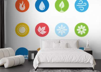 Vector round icon set of fire, water, earth and air elements and seasons of year in flat design style Wall mural