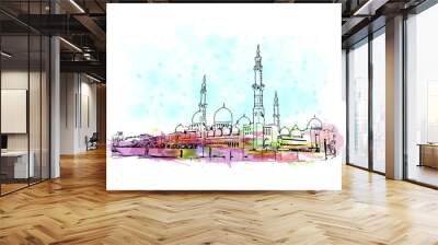 Building view with landmark of Abu Dhabi, the capital of the United Arab Emirates. Watercolor splash with hand drawn sketch illustration in vector. Wall mural