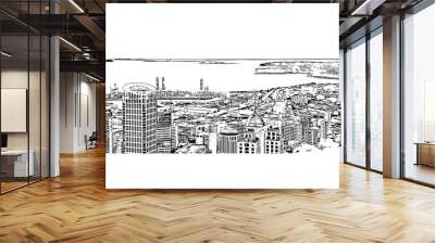 Building view with landmark of Auckland, based around 2 large harbours, is a major city in the north of New Zealand’s North Island. Hand drawn sketch illustration in vector. Wall mural