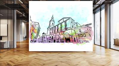 Building view with landmark of Bilbao, an industrial port city in northern Spain. Watercolor splash with hand drawn sketch illustration in vector. Wall mural