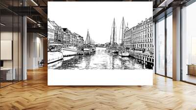 Building view with landmark of Copenhagen is the capital and most populous city of Denmark. Hand drawn sketch illustration in vector. Wall mural