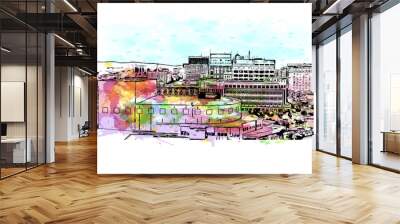 Building view with landmark of Greenville is a city in South Carolina. Watercolor splash with hand drawn sketch illustration in vector. Wall mural