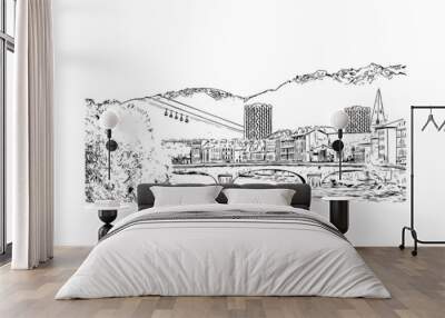 Building view with landmark of Grenoble is the 
city in France. Hand drawn sketch illustration in vector. Wall mural