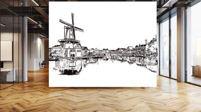 Building view with landmark of Haarlem is a city outside of Amsterdam in the northwest Netherlands. Hand drawn sketch illustration in vector. Wall mural