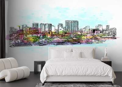 Building view with landmark of Ho Chi Minh city
 in Vietnam. Watercolor splash with hand drawn sketch illustration in vector. Wall mural