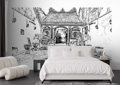 Building view with landmark of Hoi An is a city on Vietnam. Hand drawn sketch illustration in vector. Wall mural