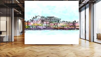 Building view with landmark of Hoi An is a city on Vietnam. Watercolor splash with hand drawn sketch illustration in vector. Wall mural