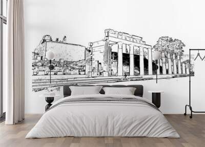 Building view with landmark of Lindos is the 
village in Greece. Hand drawn sketch illustration in vector. Wall mural