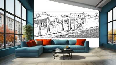 Building view with landmark of Lindos is the 
village in Greece. Hand drawn sketch illustration in vector. Wall mural