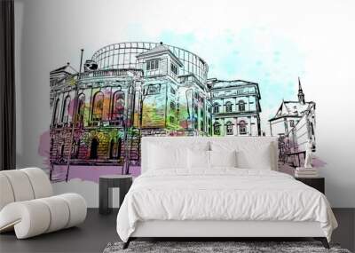 Building view with landmark of Mainz is a German city on the Rhine River. Watercolour splash with hand drawn sketch illustration in vector. Wall mural